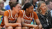 Texas Longhorns guard Shay Holle (10) and forward Madison Booker (35) during NCAA tournament against the South Carolina Gamecocks, April 4, 2025 at Amalie Arena in Tampa, Florida.
