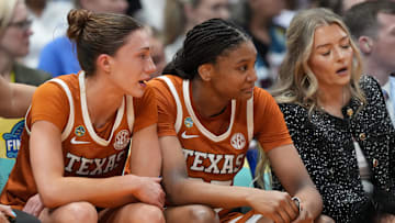 Texas Longhorns guard Shay Holle (10) and forward Madison Booker (35) during NCAA tournament against the South Carolina Gamecocks, April 4, 2025 at Amalie Arena in Tampa, Florida.
