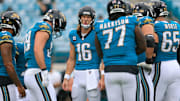Jacksonville Jaguars quarterback Trevor Lawrence (16) talks in a huddle before an NFL football matchup Sunday, Oct. 6, 2024 at EverBank Stadium in Jacksonville, Fla. [Corey Perrine/Florida Times-Union]
