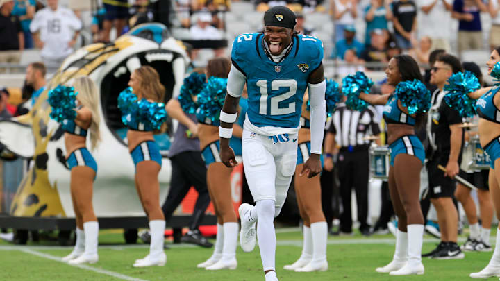Jacksonville Jaguars wide receiver Travis Hunter (12) runs on the field before an NFL preseason matchup against the Pittsburgh Steelers of an NFL preseason matchup at EverBank Stadium, Saturday, Aug. 9, 2025 in Jacksonville, Fla. [Corey Perrine/Florida Times-Union]