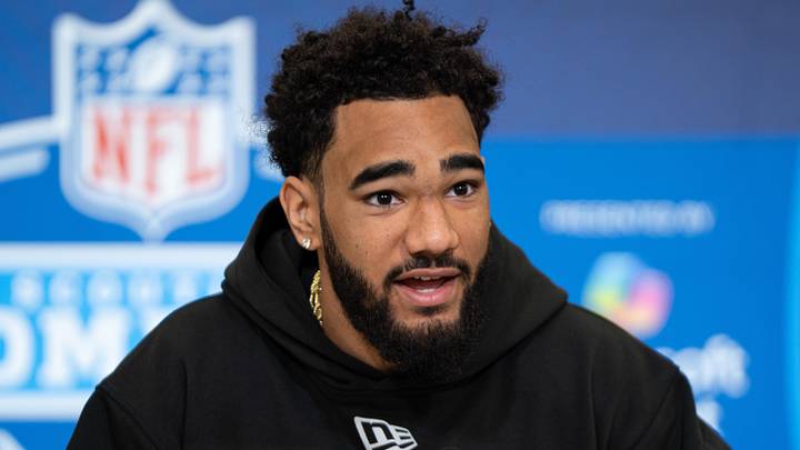 Former Indiana wideout Elijah Sarratt speaks to members of the media during the NFL Combine.