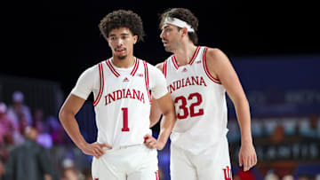 Nov 29, 2024; Paradise Island, Bahamas, BHS;  Indiana Hoosiers guard Myles Rice (1) and Indiana Hoosiers guard Trey Galloway (32) react against the Providence Friars during the first half at Imperial Arena at the Atlantis resort.  Mandatory Credit: Kevin Jairaj-Imagn Images