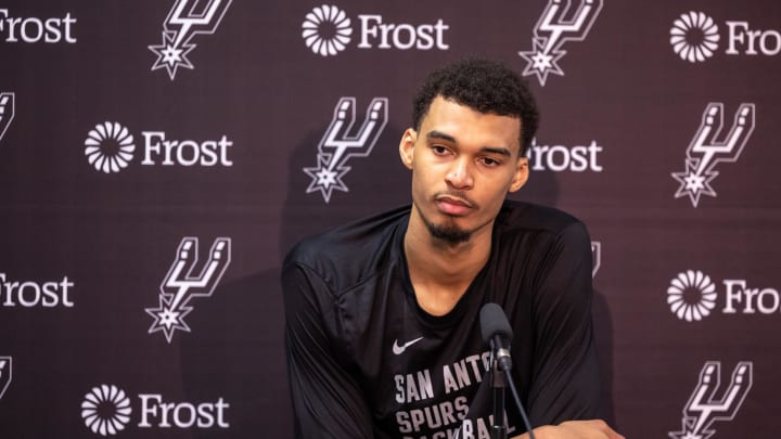 Apr 5, 2024; New Orleans, Louisiana, USA; San Antonio Spurs center Victor Wembanyama (1) talks with the media after the game against the New Orleans Pelicans at Smoothie King Center. Mandatory Credit: Stephen Lew-USA TODAY Sports