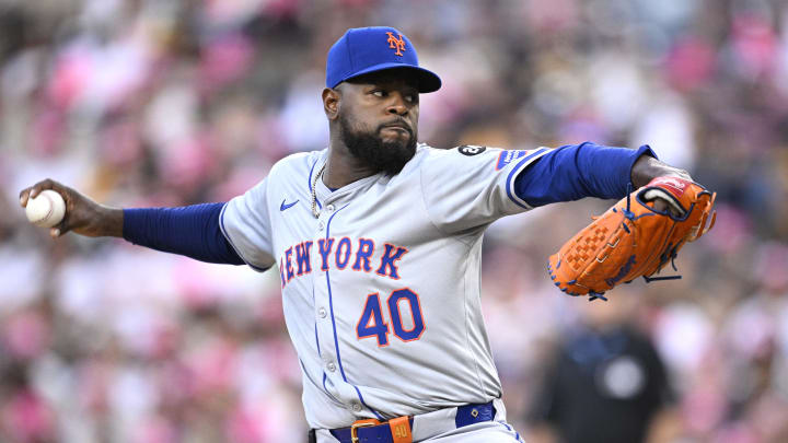 Aug 22, 2024; San Diego, California, USA; New York Mets starting pitcher Luis Severino (40) pitches against the San Diego Padres during the first inning at Petco Park. Mandatory Credit: Orlando Ramirez-USA TODAY Sports