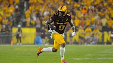Arizona State wide receiver Jordyn Tyson (0) runs after a reception against NAU during a game at Mountain America Stadium in Tempe on Aug. 30, 2025.