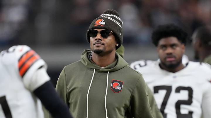 Nov 23, 2025; Paradise, Nevada, USA; Cleveland Browns quarterback Deshaun Watson watches on the sidelines against the Las Vegas Raiders in the second half at Allegiant Stadium. Mandatory Credit: Kirby Lee-Imagn Images