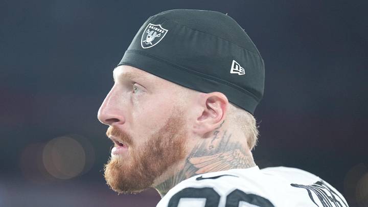 Aug 23, 2025; Glendale, Arizona, USA; Las Vegas Raiders defensive end Maxx Crosby (98) looks on against the Arizona Cardinals during the first half at State Farm Stadium. Mandatory Credit: Joe Camporeale-Imagn Images