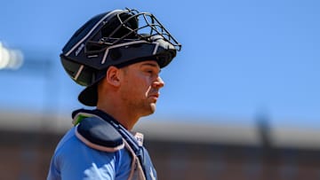Sep 8, 2024; Baltimore, Maryland, USA; Tampa Bay Rays catcher Ben Rortvedt (30) looks on before the game between the Baltimore Orioles and the Tampa Bay Rays at Oriole Park at Camden Yards. Mandatory Credit: Reggie Hildred-Imagn Images