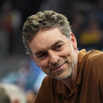 Jan 25, 2025; San Francisco, California, USA; Los Angeles Lakers former center Pau Gasol sits in the crowd during the second quarter against the Golden State Warriors at Chase Center. Mandatory Credit: Darren Yamashita-Imagn Images