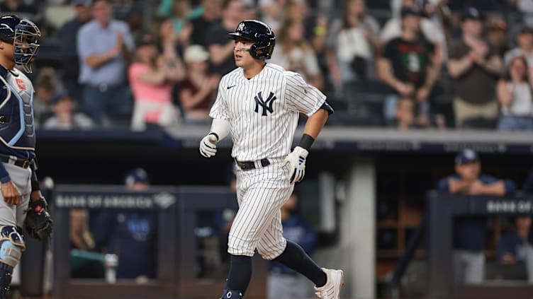 May 12, 2023; Bronx, New York, USA; New York Yankees shortstop Anthony Volpe (11) crosses home plate