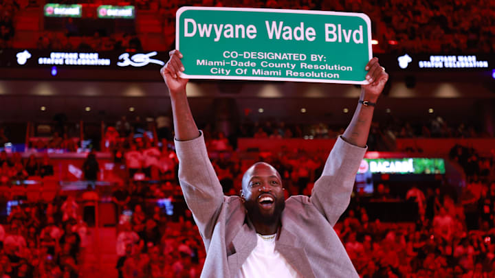 Oct 28, 2024; Miami, Florida, USA; Former Miami Heat guard Dwyane Wade is honored with 'Dwayne Wade Blvd' during halftime against the Detroit Pistons at Kaseya Center. Mandatory Credit: Rhona Wise-Imagn Images Oct 28, 2024; Miami, Florida, USA; Former Miami Heat guard Dwyane Wade is honored with 'Dwayne Wade Blvd' during halftime against the Detroit Pistons at Kaseya Center. Mandatory Credit: Rhona Wise-Imagn Images