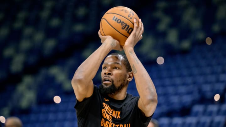 Apr 1, 2024; New Orleans, Louisiana, USA; Phoenix Suns forward Kevin Durant warms up before a game