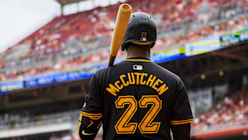 Sep 22, 2024; Cincinnati, Ohio, USA; Pittsburgh Pirates designated hitter Andrew McCutchen (22) stands on deck in the eighth inning against the Cincinnati Reds at Great American Ball Park. Mandatory Credit: Katie Stratman-Imagn Images