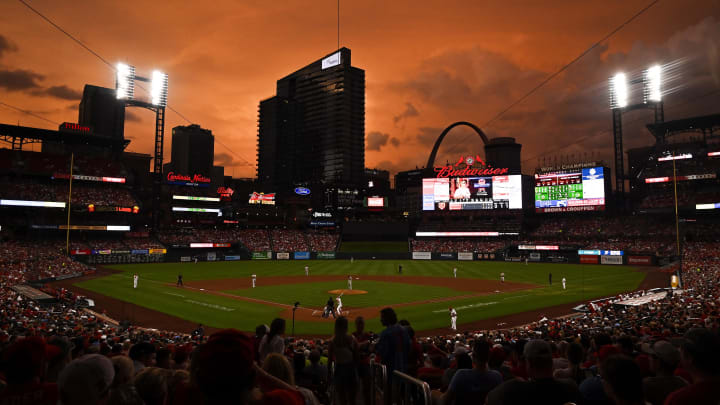 Jul 8, 2022; St. Louis, Missouri, USA;  A general view of Busch Stadium as the sunsets during the second inning of a game between the St. Louis Cardinals and the Philadelphia Phillies. Mandatory Credit: Jeff Curry-USA TODAY Sports