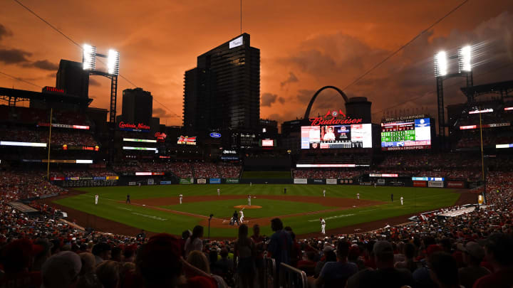 Jul 8, 2022; St. Louis, Missouri, USA;  A general view of Busch Stadium as the sunsets during the second inning of a game between the St. Louis Cardinals and the Philadelphia Phillies. Mandatory Credit: Jeff Curry-USA TODAY Sports