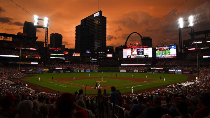 Jul 8, 2022; St. Louis, Missouri, USA;  A general view of Busch Stadium as the sunsets during the second inning of a game between the St. Louis Cardinals and the Philadelphia Phillies. Mandatory Credit: Jeff Curry-USA TODAY Sports