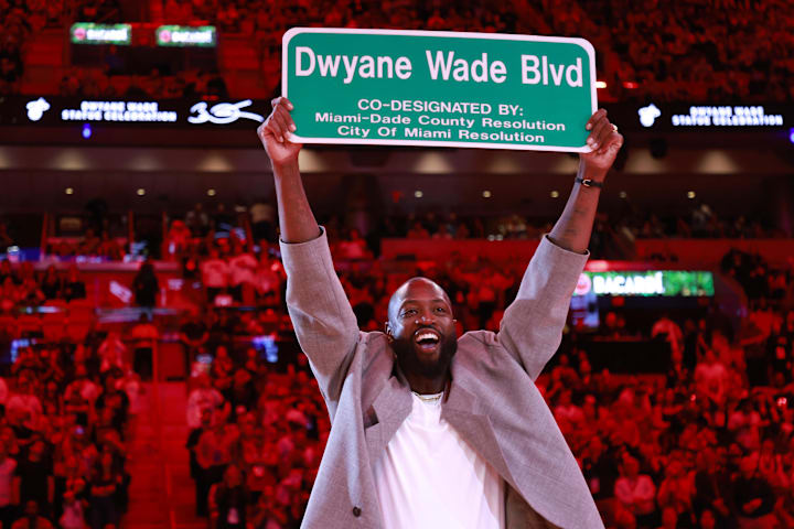 Former Miami Heat guard Dwyane Wade is honored with 'Dwayne Wade Blvd' on Oct. 28, 2024.