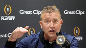 Jan 18, 2025; Atlanta, GA, USA; Kirk Herbstreit talks to the media during 2025 CFP National Championship Media Day at Georgia World Congress Center, Building A. Mandatory Credit: Kirby Lee-Imagn Images