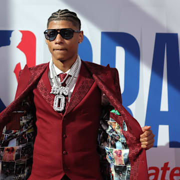 Jun 25, 2025; Brooklyn, NY, USA; Jeremiah Fears arrives before the first round of the 2025 NBA Draft at Barclays Center. Mandatory Credit: Brad Penner-Imagn Images