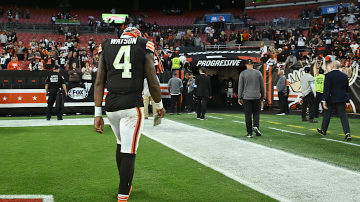 Sep 8, 2024; Cleveland, Ohio, USA; Cleveland Browns quarterback Deshaun Watson (4) walks off the field after the game against the Dallas Cowboys at Huntington Bank Field. Mandatory Credit: Ken Blaze-Imagn Images