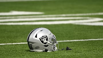 Oct 20, 2024; Inglewood, California, USA; Las Vegas Raiders helmet on the turn at SoFi Stadium during pregame warmups before an NFL game against the Los Angeles Rams. Mandatory Credit: Robert Hanashiro-Imagn Images