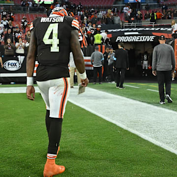 Sep 8, 2024; Cleveland, Ohio, USA; Cleveland Browns quarterback Deshaun Watson (4) walks off the field after the game against the Dallas Cowboys at Huntington Bank Field. Mandatory Credit: Ken Blaze-Imagn Images