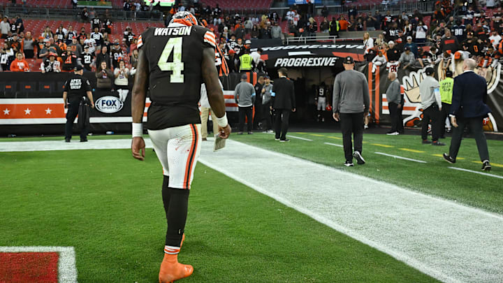 Sep 8, 2024; Cleveland, Ohio, USA; Cleveland Browns quarterback Deshaun Watson (4) walks off the field after the game against the Dallas Cowboys at Huntington Bank Field. Mandatory Credit: Ken Blaze-Imagn Images