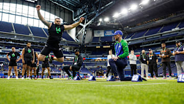 Dylan Fairchild broad jumping at the 2025 NFL Scouting Combine, before being drafted by the Cincinnati Bengals.