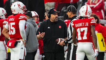 Nov 2, 2024; Lincoln, Nebraska, USA; Nebraska Cornhuskers head coach Matt Rhule talks with an official against the UCLA Bruins during the fourth quarter at Memorial Stadium.