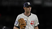 Jul 25, 2025; Arlington, Texas, USA; Texas Rangers relief pitcher Hoby Milner (41) during the game between the Texas Rangers and the Atlanta Braves at Globe Life Field. Mandatory Credit: Jerome Miron-Imagn Images