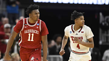 Mar 27, 2025; San Francisco, CA, USA; Arkansas Razorbacks forward Karter Knox (11) reacts after shooting a three point basket during the second half against the Texas Tech Red Raiders during a West Regional semifinal of the 2025 NCAA tournament at Chase Center. Mandatory Credit: Eakin Howard-Imagn Images