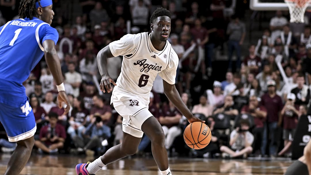 Mar 3, 2026; College Station, Texas, USA; Texas A&M Aggies guard Ali Dibba (6) controls the ball during the second half against the Kentucky Wildcats at Reed Arena. Mandatory Credit: Maria Lysaker-Imagn Images 