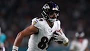 Oct 30, 2025; Miami Gardens, Florida, USA; Baltimore Ravens tight end Mark Andrews (89) runs into the end zone for a touchdown during the second quarter against the Miami Dolphins at Hard Rock Stadium. 