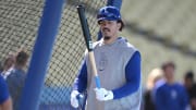 May 20, 2024; Los Angeles, California, USA;  Los Angeles Dodgers second baseman Miguel Vargas (27) takes batting practice prior to the game against the Arizona Diamondbacks at Dodger Stadium. Mandatory Credit: Jayne Kamin-Oncea-USA TODAY Sports