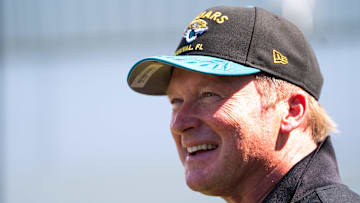 Former NFL Coache Jon Gruden have a laugh while attending an NFL training camp session ten at the Miller Electric Center, Tuesday, Aug. 5, 2025, in Jacksonville, Fla. [Doug Engle/Florida Times-Union]