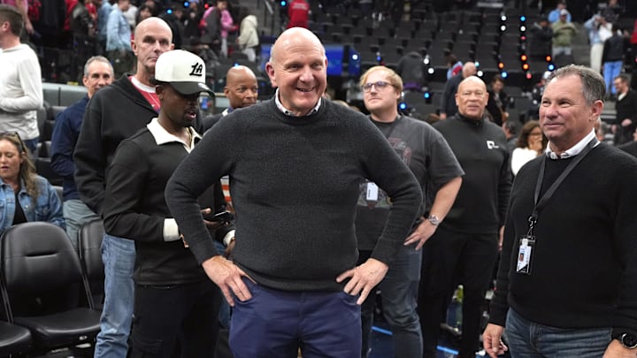 Feb 19, 2026; Inglewood, California, USA; LA Clippers owner Steve Ballmer reacts after the game against the Denver Nuggets at Intuit Dome. Mandatory Credit: Kirby Lee-Imagn Images
