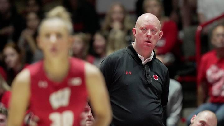 Wisconsin head volleyball coach Kelly Sheffield watches his team during a match on September 10, 2024, at the UW Field House in Madison, Wisconsin. Wisconsin beat UW-Milwaukee in straight sets.