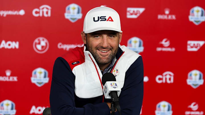 Scottie Scheffler speaks at a press conference ahead of the 2025 Ryder Cup at Bethpage Black