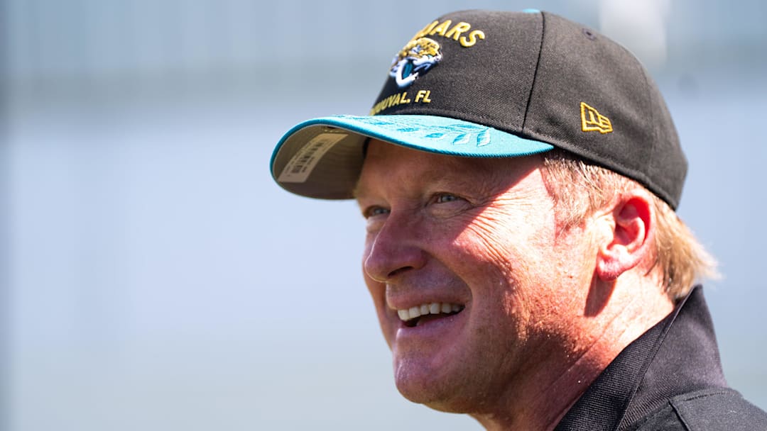 Former NFL Coache Jon Gruden have a laugh while attending an NFL training camp session ten at the Miller Electric Center, Tuesday, Aug. 5, 2025, in Jacksonville, Fla. [Doug Engle/Florida Times-Union]