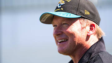Former NFL Coache Jon Gruden have a laugh while attending an NFL training camp session ten at the Miller Electric Center, Tuesday, Aug. 5, 2025, in Jacksonville, Fla. [Doug Engle/Florida Times-Union]