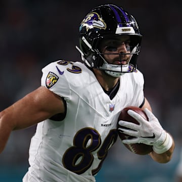 Oct 30, 2025; Miami Gardens, Florida, USA; Baltimore Ravens tight end Mark Andrews (89) runs into the end zone for a touchdown during the second quarter against the Miami Dolphins at Hard Rock Stadium. Mandatory Credit: Nathan Ray Seebeck-Imagn Images
