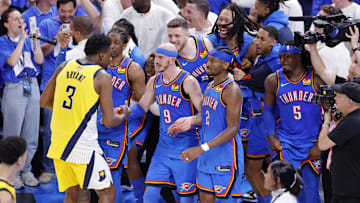 Jun 22, 2025; Oklahoma City, Oklahoma, USA; Indiana Pacers center Thomas Bryant (3) shakes hands with Oklahoma City Thunder forward Chet Holmgren (7) after game seven of the 2025 NBA Finals at Paycom Center. Mandatory Credit: Alonzo Adams-Imagn Images