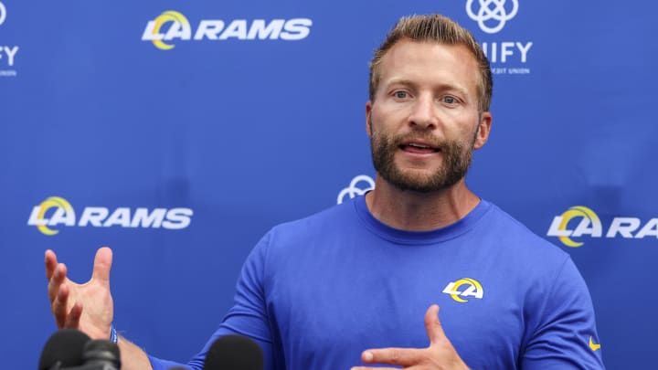 Aug 1, 2024; Los Angeles, CA, USA;  Los Angeles Rams head coach Sean McVay speaks to the media after training camp at Loyola Marymount University. Mandatory Credit: Kiyoshi Mio-USA TODAY Sports