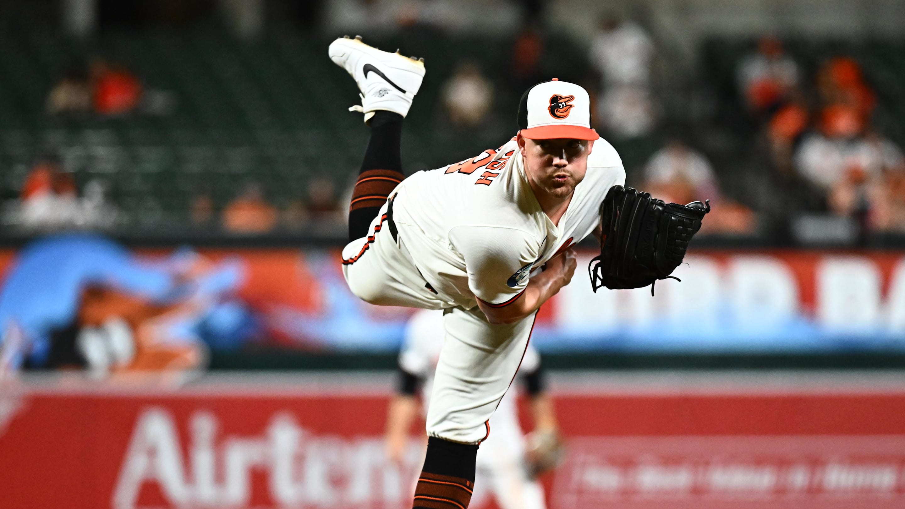 Sep 9, 2025; Baltimore, Maryland, USA; Baltimore Orioles pitcher Kyle Bradish (38) delivers a pitch during the seventh inning against the Pittsburgh Pirates at Oriole Park at Camden Yards. Mandatory Credit: James A. Pittman-Imagn Images