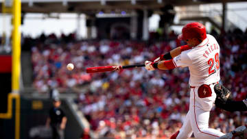 Cincinnati Reds outfielder TJ Friedl (29) hits a base hit in the fifth inning of the MLB baseball game between the Cincinnati Reds and the Boston Red Sox at Great American Ball Park in Cincinnati on Saturday, June 22, 2024.