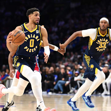 Mar 14, 2025; Philadelphia, Pennsylvania, USA; Indiana Pacers guard Tyrese Haliburton (0) drives with the ball against the Philadelphia 76ers in the third quarter at Wells Fargo Center. Mandatory Credit: Kyle Ross-Imagn Images