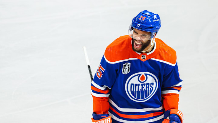 Jun 15, 2024; Edmonton, Alberta, CAN; Edmonton Oilers defenseman Darnell Nurse (25) celebrates his goal against the Florida Panthers during the second period in game four of the 2024 Stanley Cup Final at Rogers Place. Mandatory Credit: Sergei Belski-Imagn Images