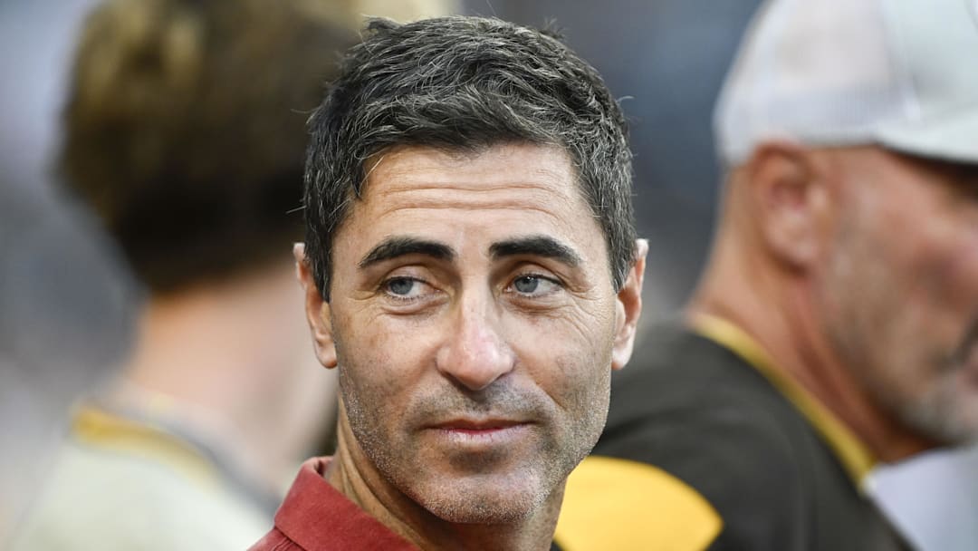 Sep 4, 2024; San Diego, California, USA; San Diego Padres general manager A.J. Preller looks on before a game against the Detroit Tigers at Petco Park. Mandatory Credit: Denis Poroy-Imagn Images