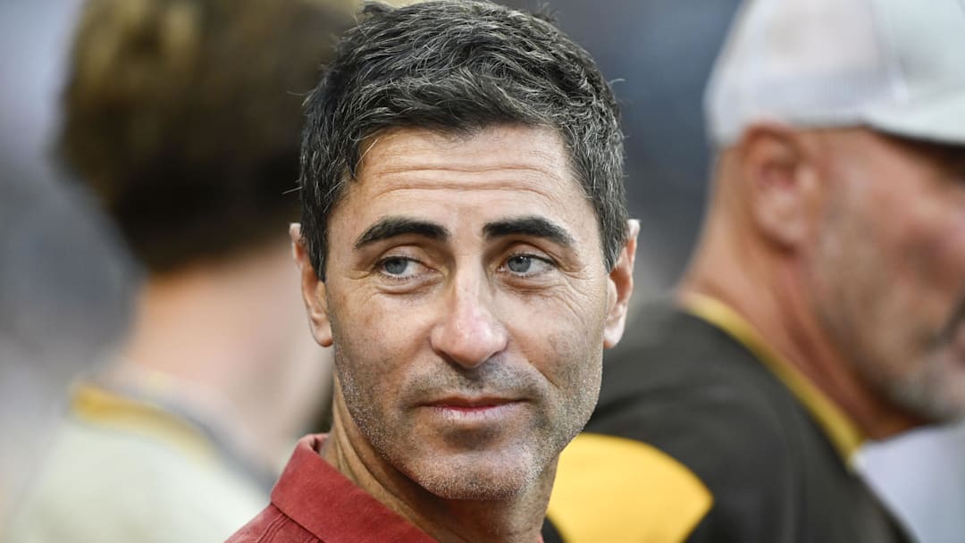 Sep 4, 2024; San Diego, California, USA; San Diego Padres general manager A.J. Preller looks on before a game against the Detroit Tigers at Petco Park. Mandatory Credit: Denis Poroy-Imagn Images