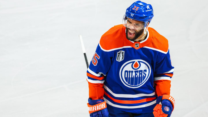 Jun 15, 2024; Edmonton, Alberta, CAN; Edmonton Oilers defenseman Darnell Nurse (25) celebrates his goal against the Florida Panthers during the second period in game four of the 2024 Stanley Cup Final at Rogers Place. Mandatory Credit: Sergei Belski-USA TODAY Sports